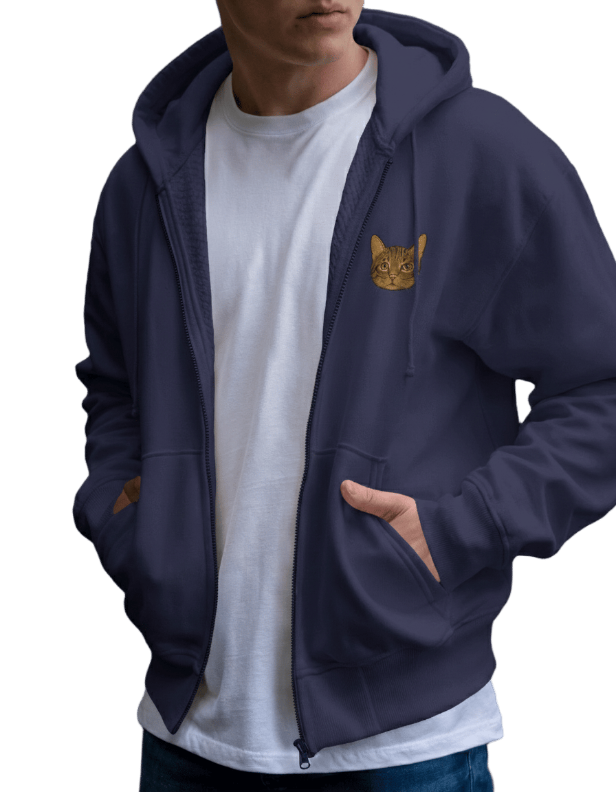 Tekir Kedi Baskılı Tam Boy Fermuarlı Hoodie – Unisex Oversize