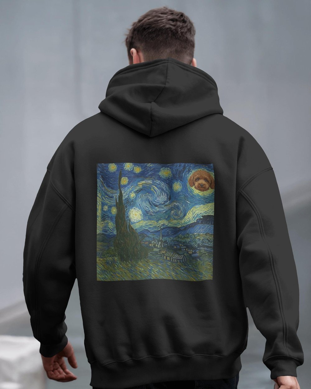 Yıldızlı Gece Köpek Tasarımlı Siyah Unisex Kapüşonlu Sweatshirt – Sanatsal & Retro Hoodie