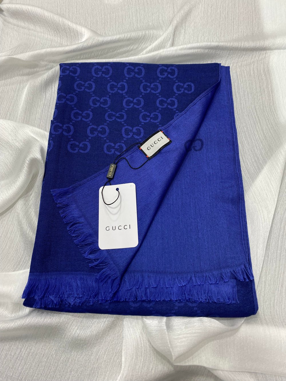 GUCCİ DESEN YÜN İPEK ŞAL SAKS MAVİSİ