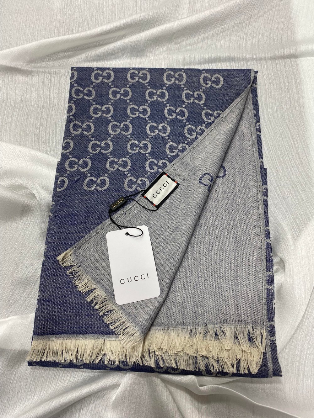 GUCCİ DESEN YÜN İPEK ŞAL KOT MAVİSİ