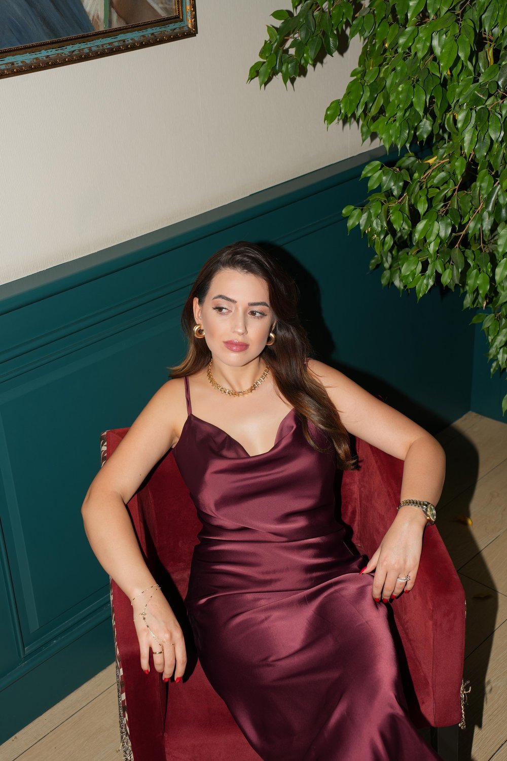 Bordo Askılı Saten Elbise