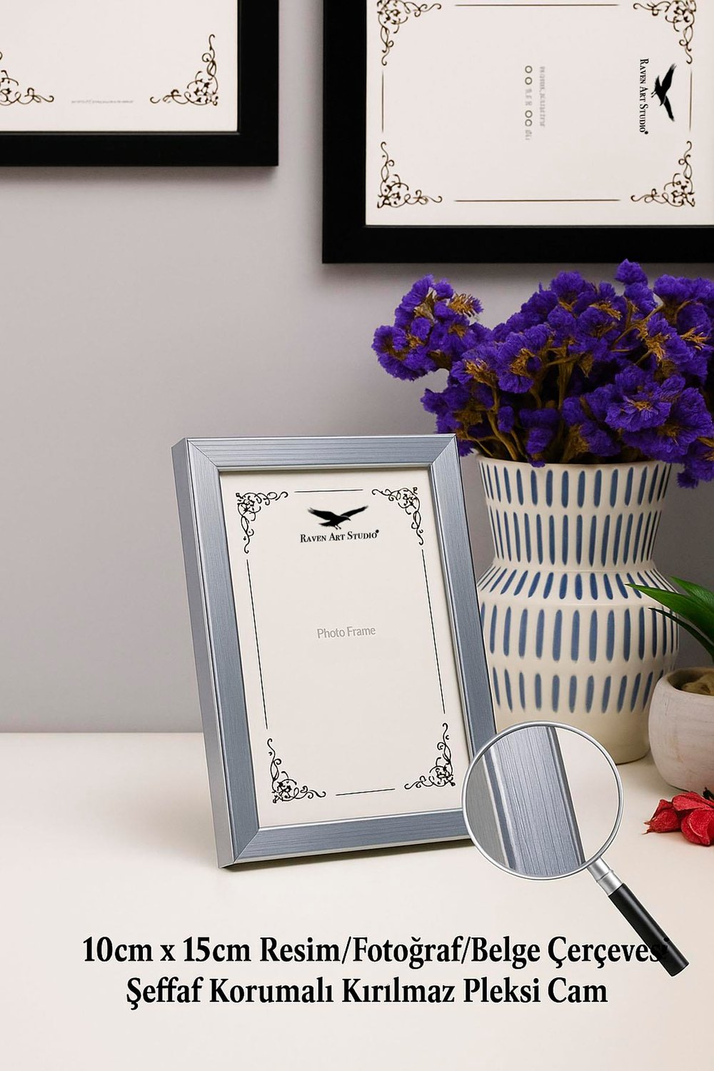 Ermitaj 10cm x 15cm Gümüş Resim Fotoğraf Belge Poster Evrak Çerçevesi Korumalı Kırılmaz Pleksi Cam