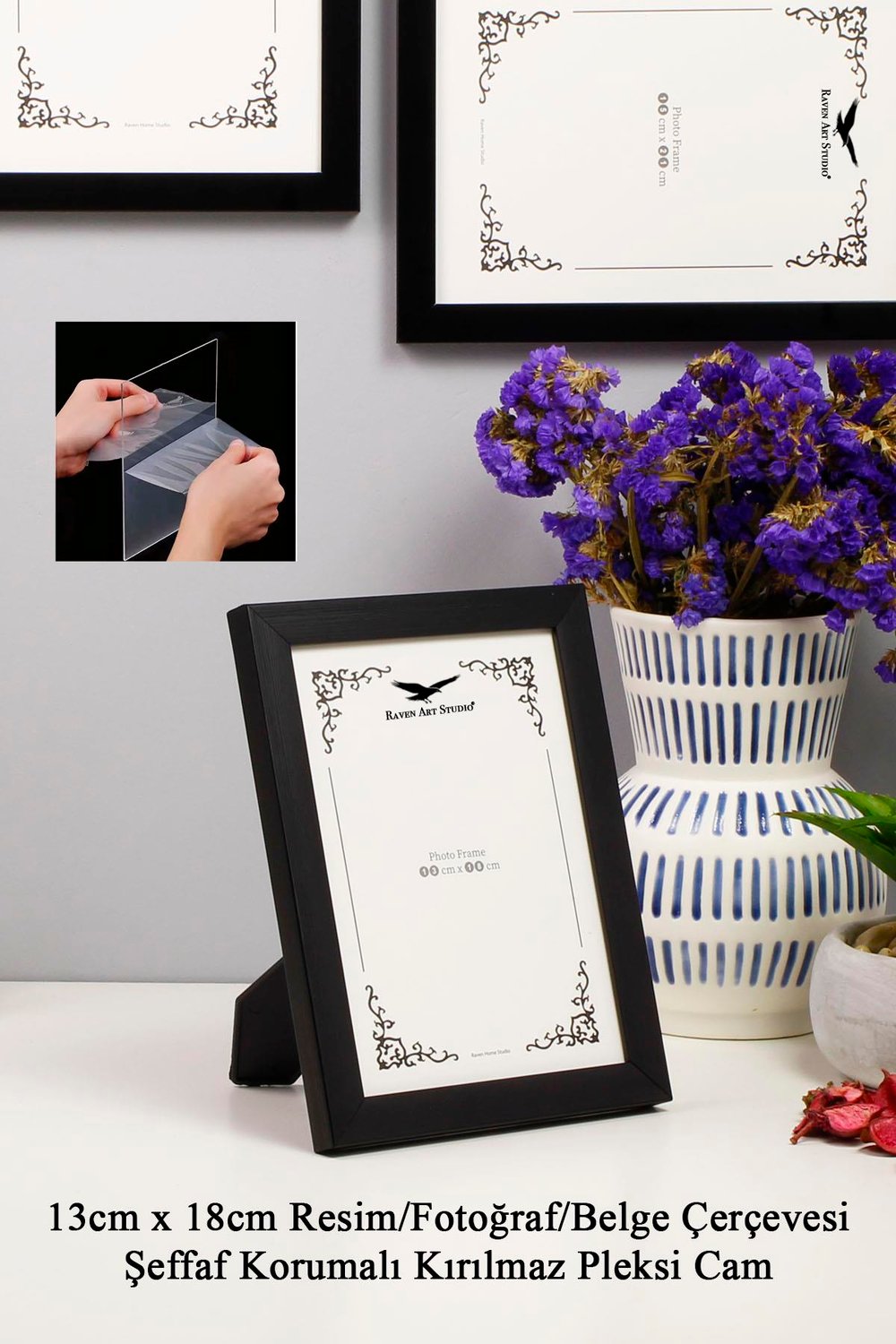 Ermitaj 13cm x 18cm Siyah Resim Fotoğraf Belge Poster Evrak Çerçevesi Korumalı Kırılmaz Pleksi Cam