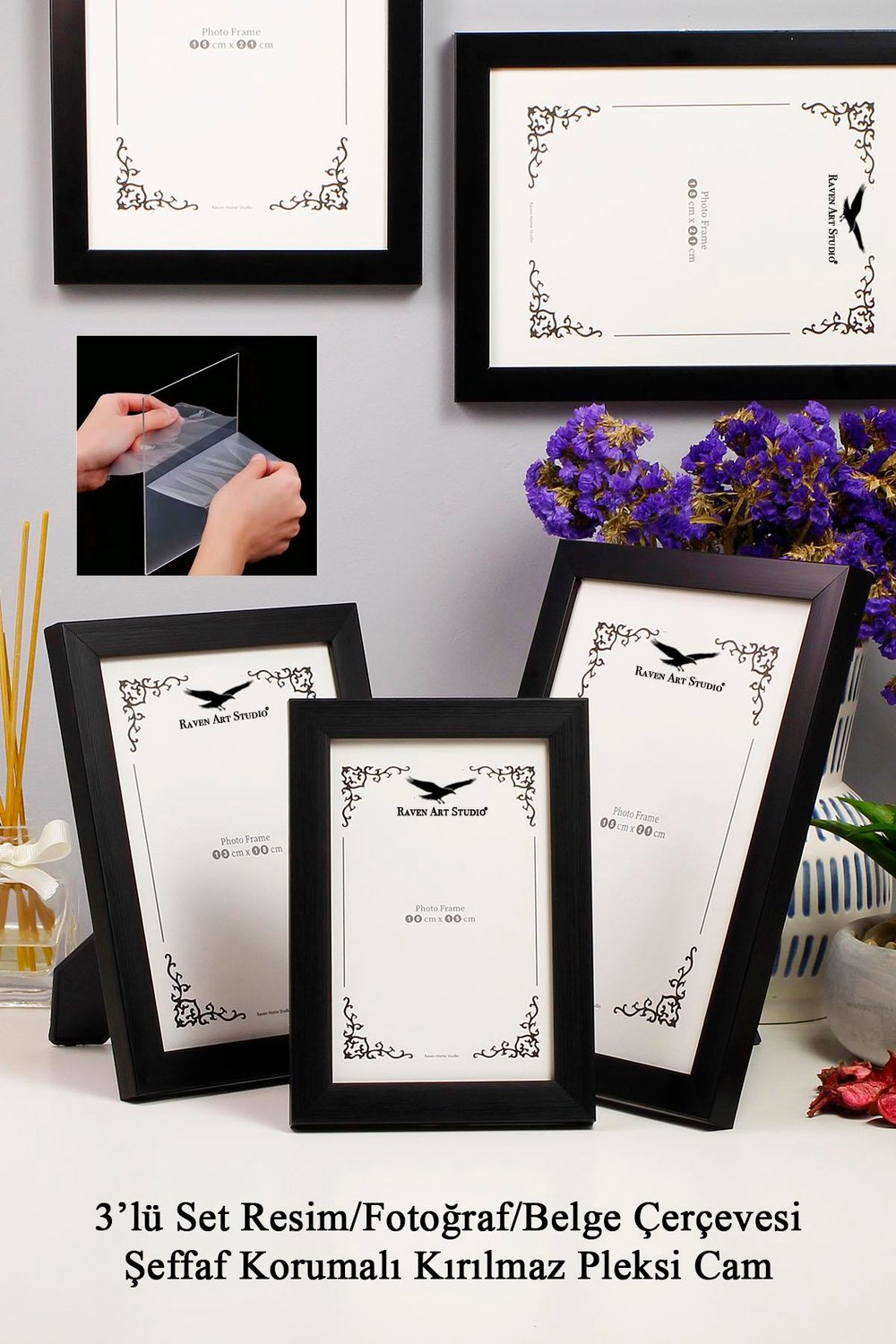 Ermitaj Siyah 3lü Set 10x15cm + 13x18cm + 15x21cm Korumalı Kırılmaz Pleksi Cam