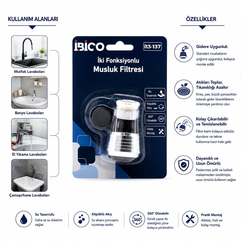 12 ADET MUSLUK UCU FİLTRESİ 2 FONKSİYONLU 360° DERECE DÖNEBİLEN BAŞLIK 16-19MM CAŞLIK ÇAPI (5293)