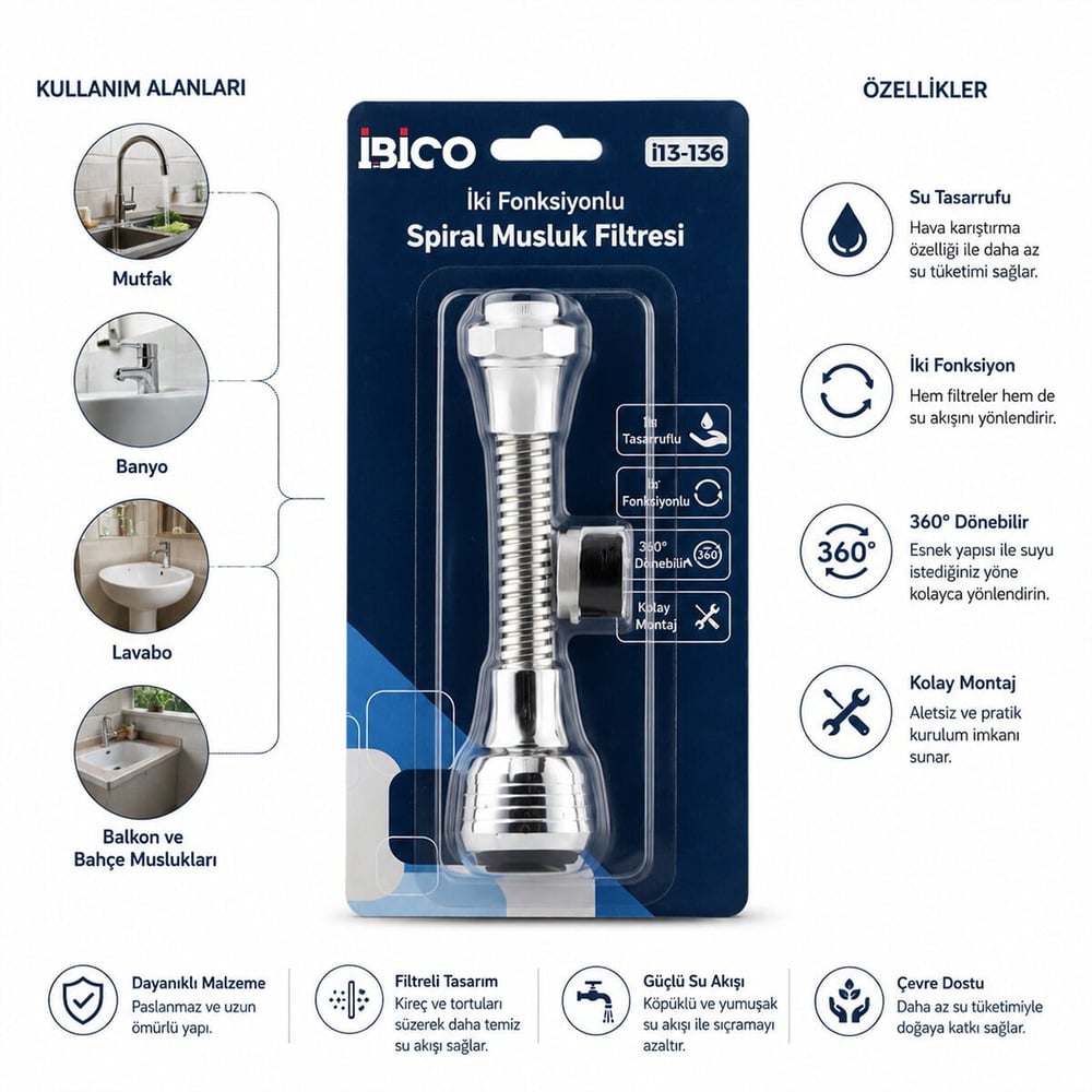 12 ADET MUSLUK UCU FİLTRESİ 2 FONKSİYONLU SPİRALLİ YAYLI - 360° DERECE DÖNEBİLEN BAŞLIK 16-19MM CAŞLIK ÇAPI (5293)
