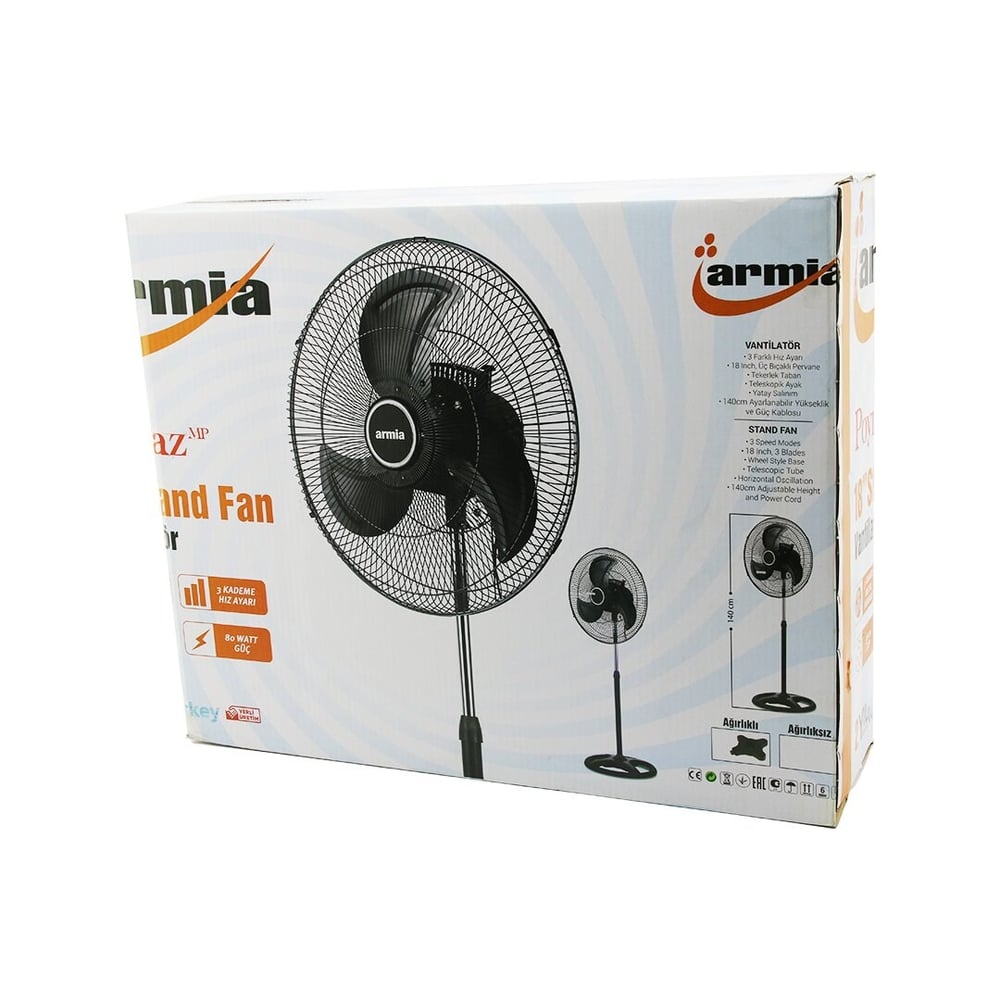 18 İNÇ SANAYİ VANTİLATÖR  3 METAL KANAT: ÇAP:56CM - Y: 140CM - 3 KADEME HIZ   80W (5293)