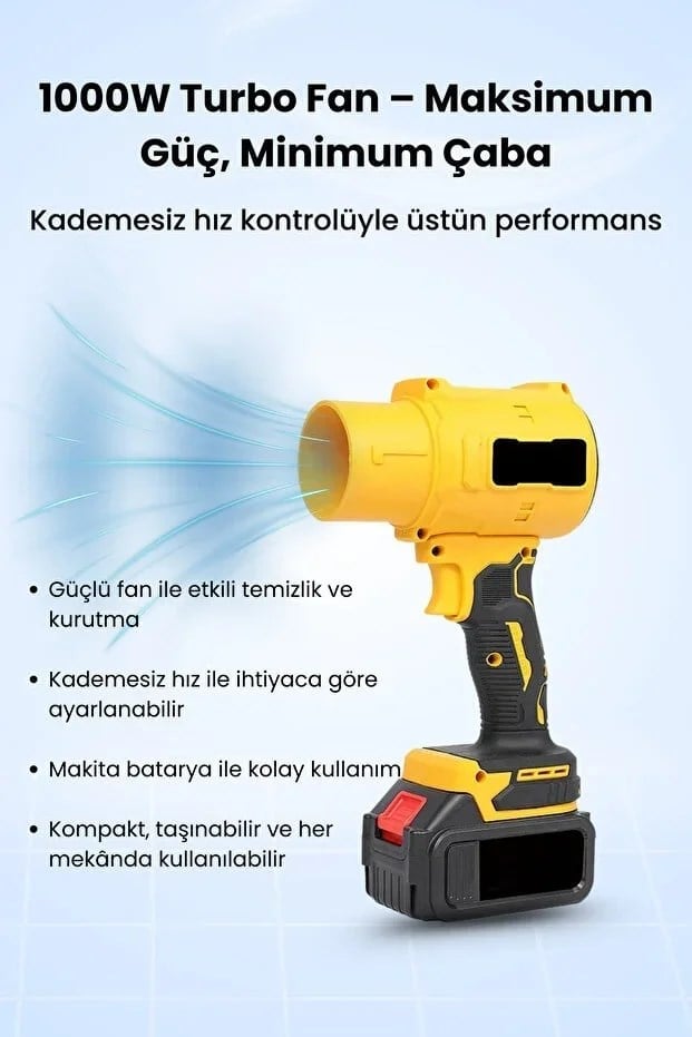 21V Kablosuz Hava Üfleyici | 32.000RPM Turbo Fan, 12.000mAh Batarya, Bahçe & Araç Kurutma / Sarı (5293)