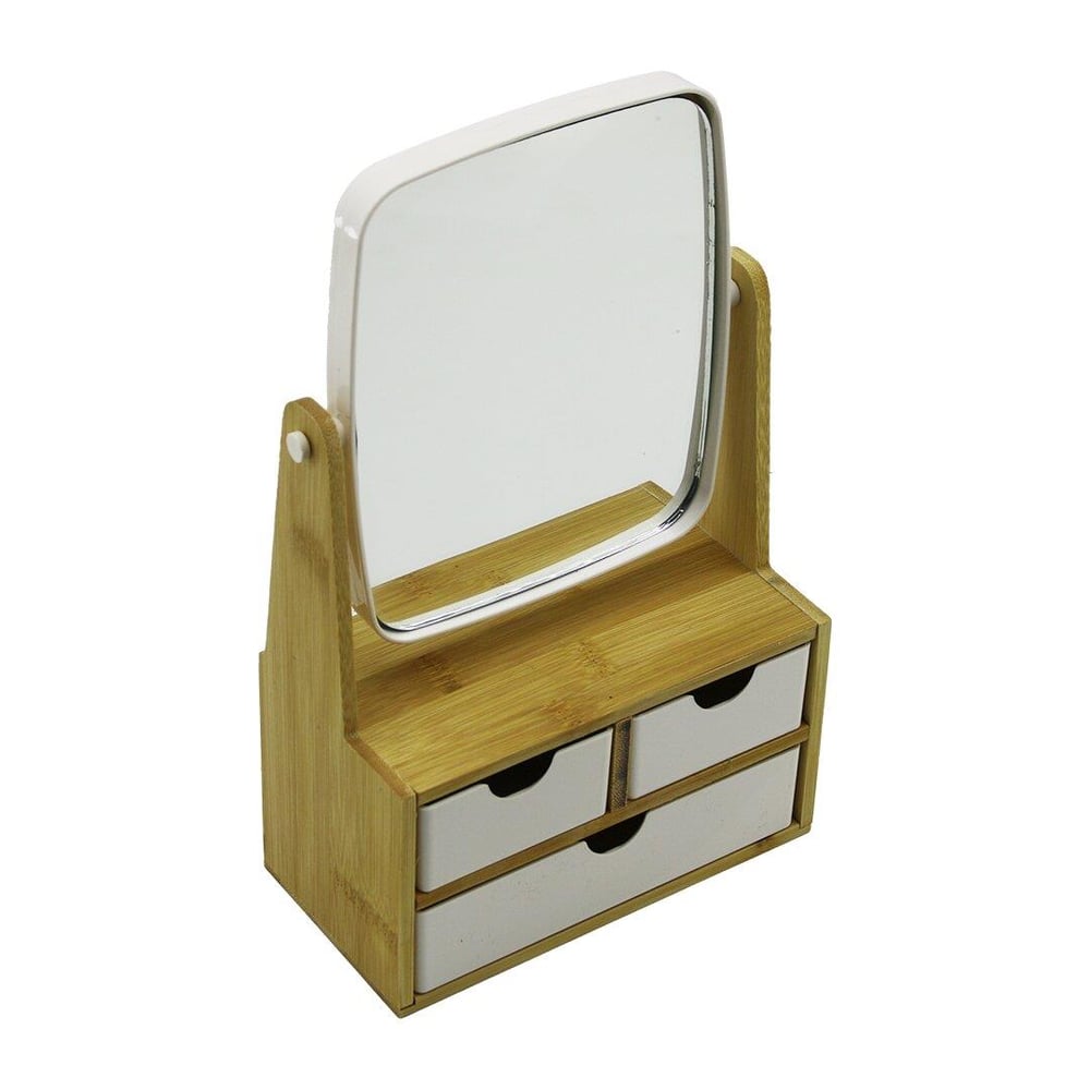 3 ÇEKMECELİ BAMBU AHŞAP STANDLI=9X9.5X18X21.5CM MAKYAJ AYNASI=15X18CM TAKILIK 2+1 ORGANİZER (5293)