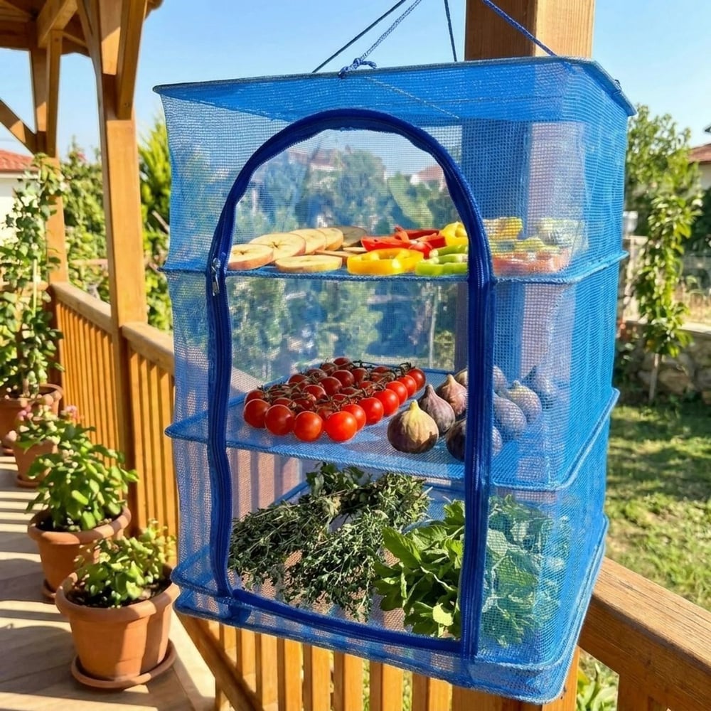 3 Katlı Fermuarlı Sebze Meyve Kurutucu File – 45x45 cm Katlı Askılı Kurutma Filesi (56 cm Uzunluk) (5293)