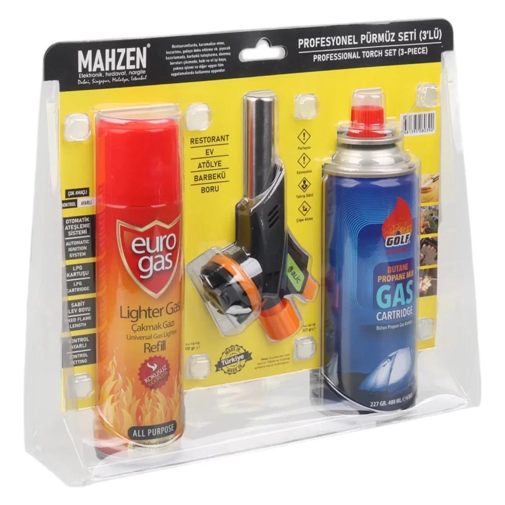3 Parça Profesyonel Pürmüz Seti Pürmüz Torch Çakmak Başlık- Kamp Gazı 400ml- Çakmak Gazı 270 (5293)