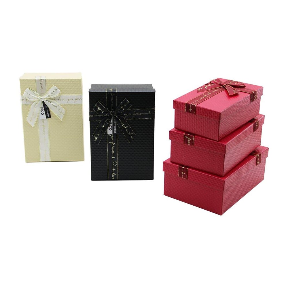 3PCS D.DÖRTGEN MAT MİX RENKLİ - KABARTMA DESEN KARTON HEDİYE KUTUSU KURDELALI 22.5X15.5-20.5X13.5-18.5X11.5CM (5293)