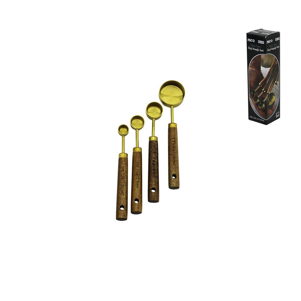 4 PCS GOLD METAL ÖLÇÜ KAŞIK SETİ OTANTİK AĞAÇ KULP 15ML - 5ML - 2.5ML - 1.25ML (5293)