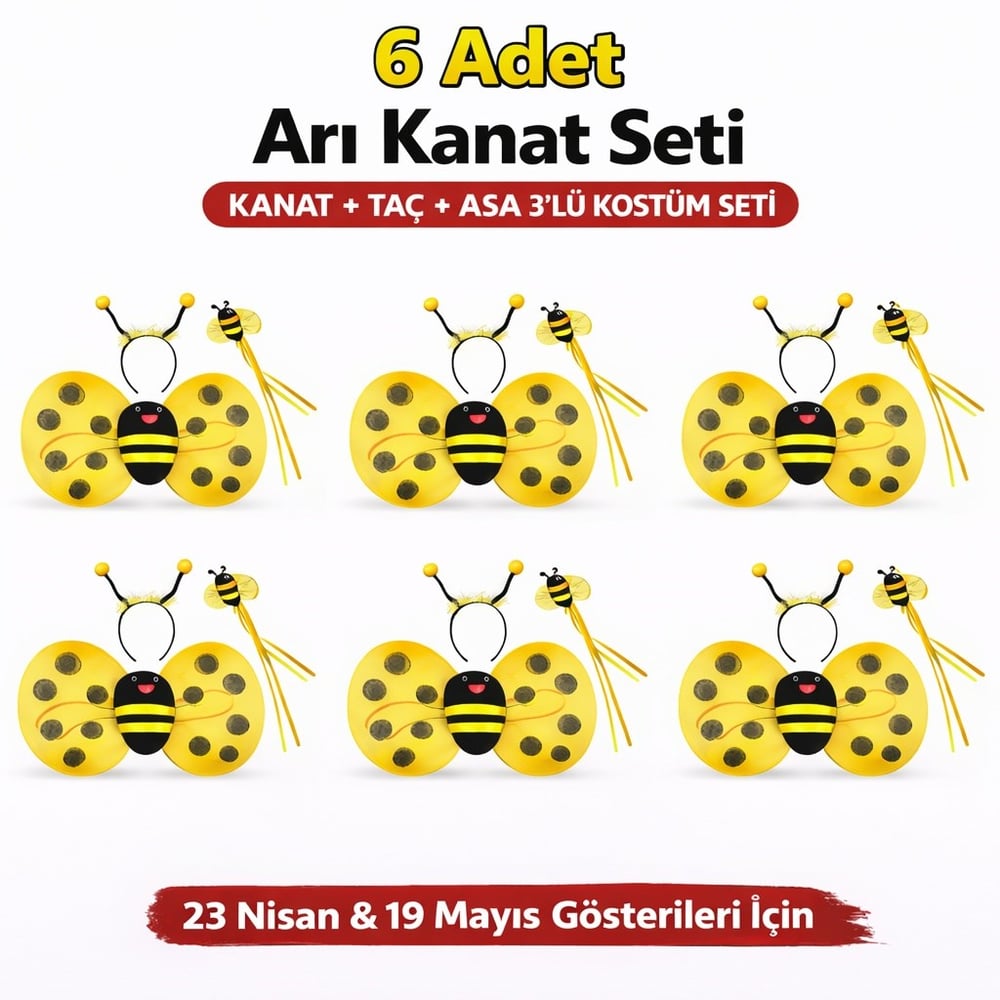 6'lı Arı Kostüm Seti – Kanat Taç Asa (5293)