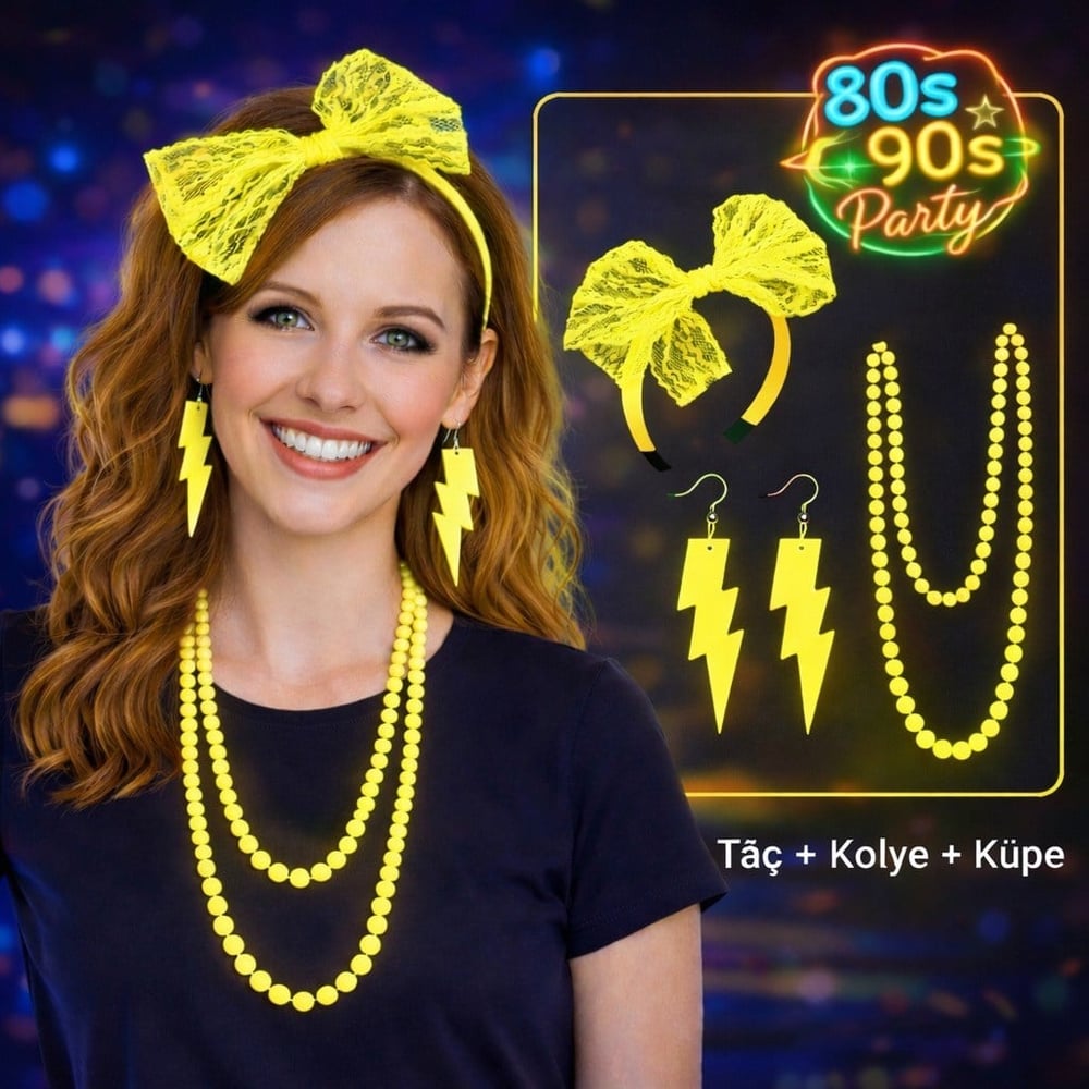 80’ler 90’lar Neon Sarı Parti Seti – Kolye Küpe Taç (5293)