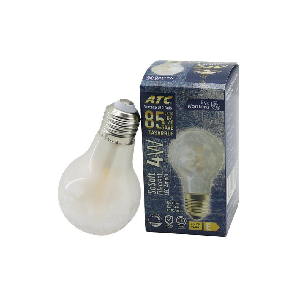 ATC-A60-SS VİNTAGE SOSOFT FİLAMENT 4W LED AMPUL LAMBA E27 KIRILMAZ PLASTİK CAM 400 LÜMEN 2200K 25.000 SAAT (5293)