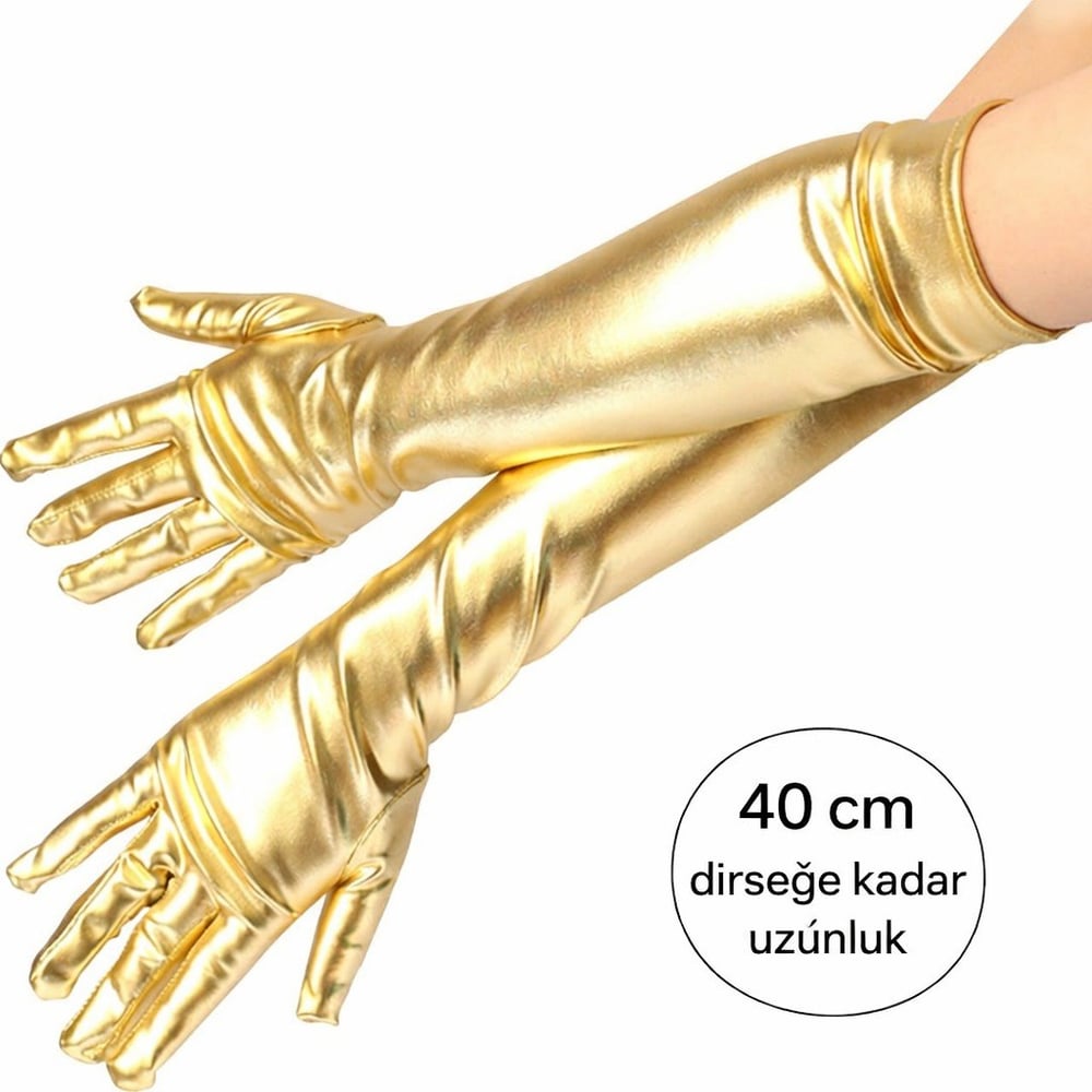 Altın Renk Dirsek Altı Lüks Saten Eldiven 40 cm (5293)
