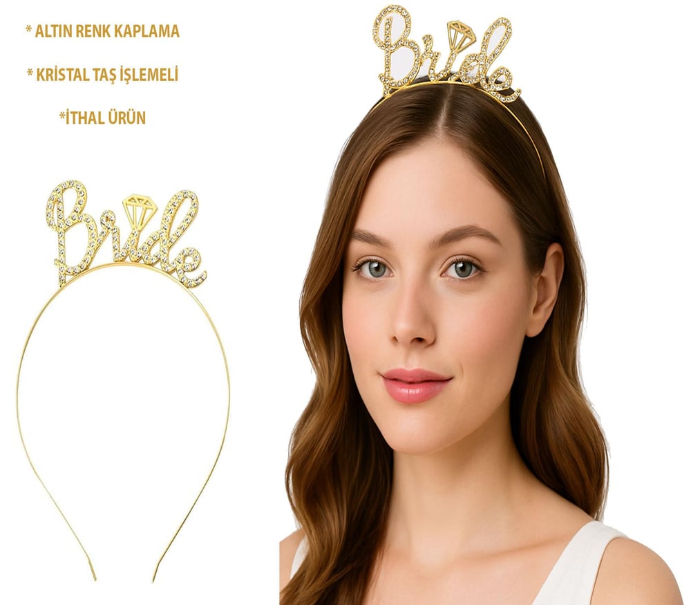 Altın Renkli Taşlı “Bride” Gelin Tacı – El Yazısı Yazı Tipiyle (5293)