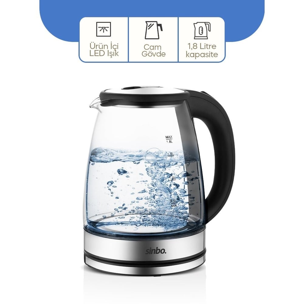 CAM - LEDLİ KETTLE 1.8LT  GİZLİ REZİSTANS - KABLOSUZ 360 DERECE GÖVDE 1500W SK-8033 (5293)