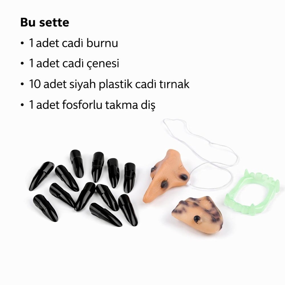 Cadı Aksesuar Seti – Burun, Çene, Fosforlu Diş ve 10 Adet Siyah Tırnak (5293)