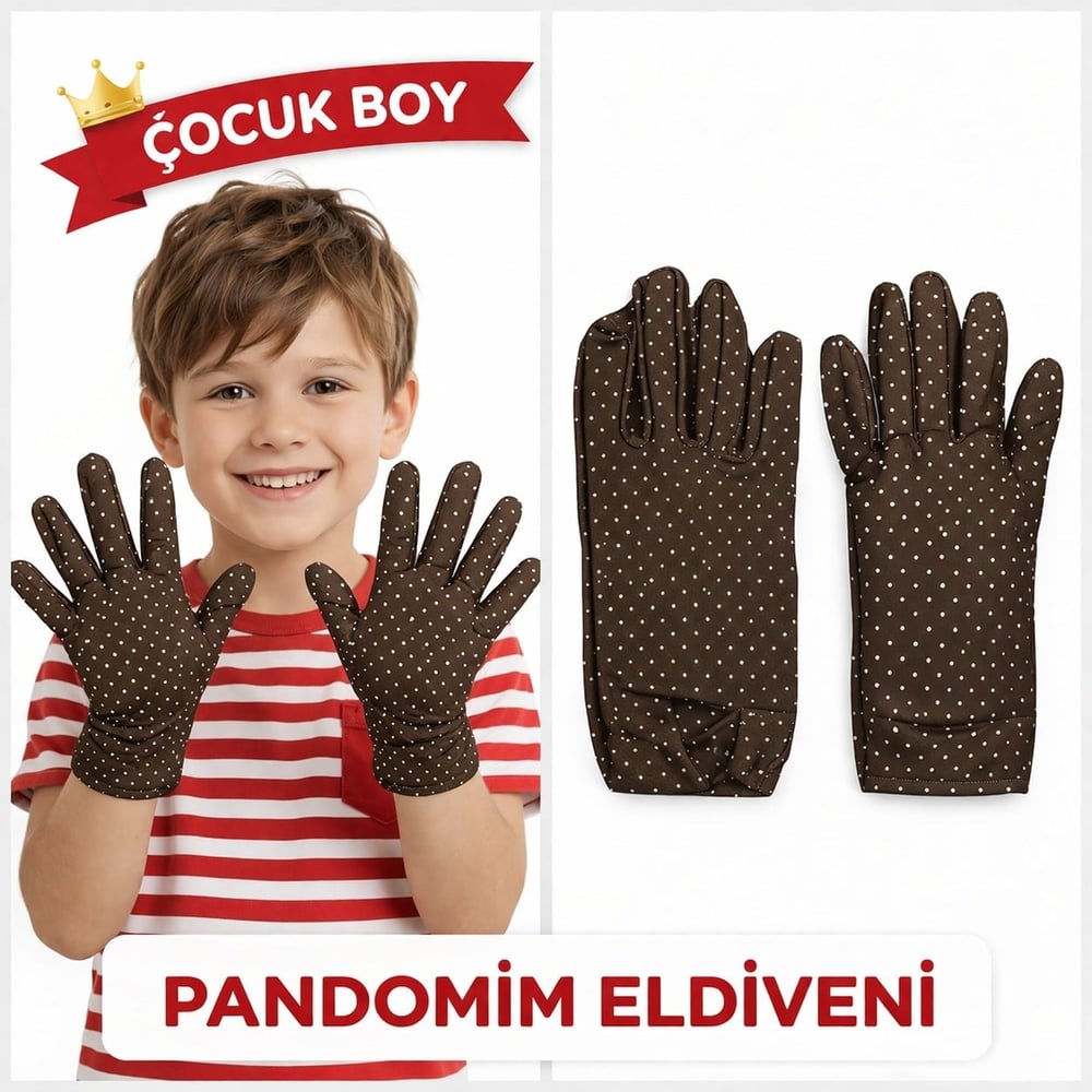 Çocuk Boy Pandomim Eldiveni Beyaz Puantiyeli Kahve Renk Gösteri Eldiveni 23 Nisan 19 Mayıs (5293)