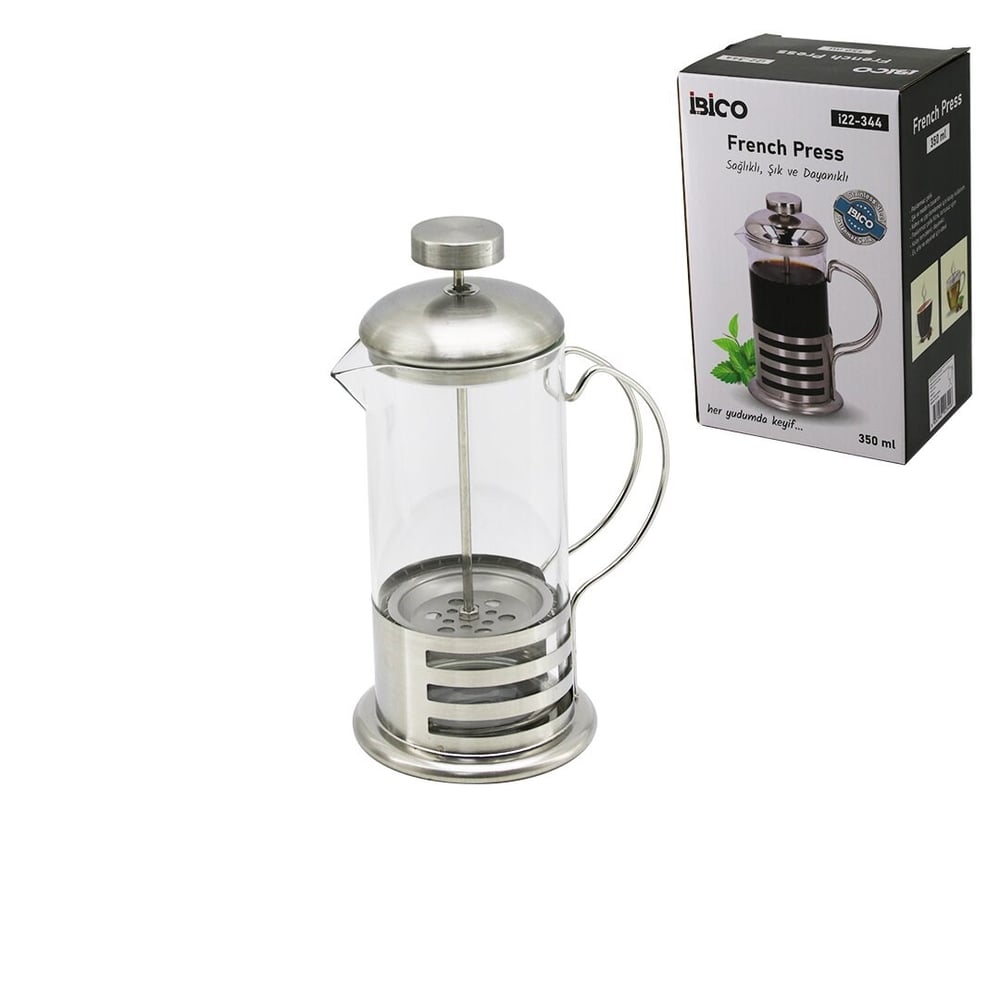 FRENCH PRESS METAL KAFES - METAL KAPAK 350ML CAM BİTKİ SÜZGEÇİ (5293)