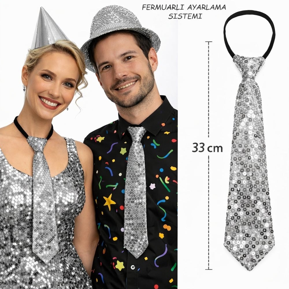 Gümüş Renk Pul Payetli Işıltılı Parti Kravatı 33 cm (5293)