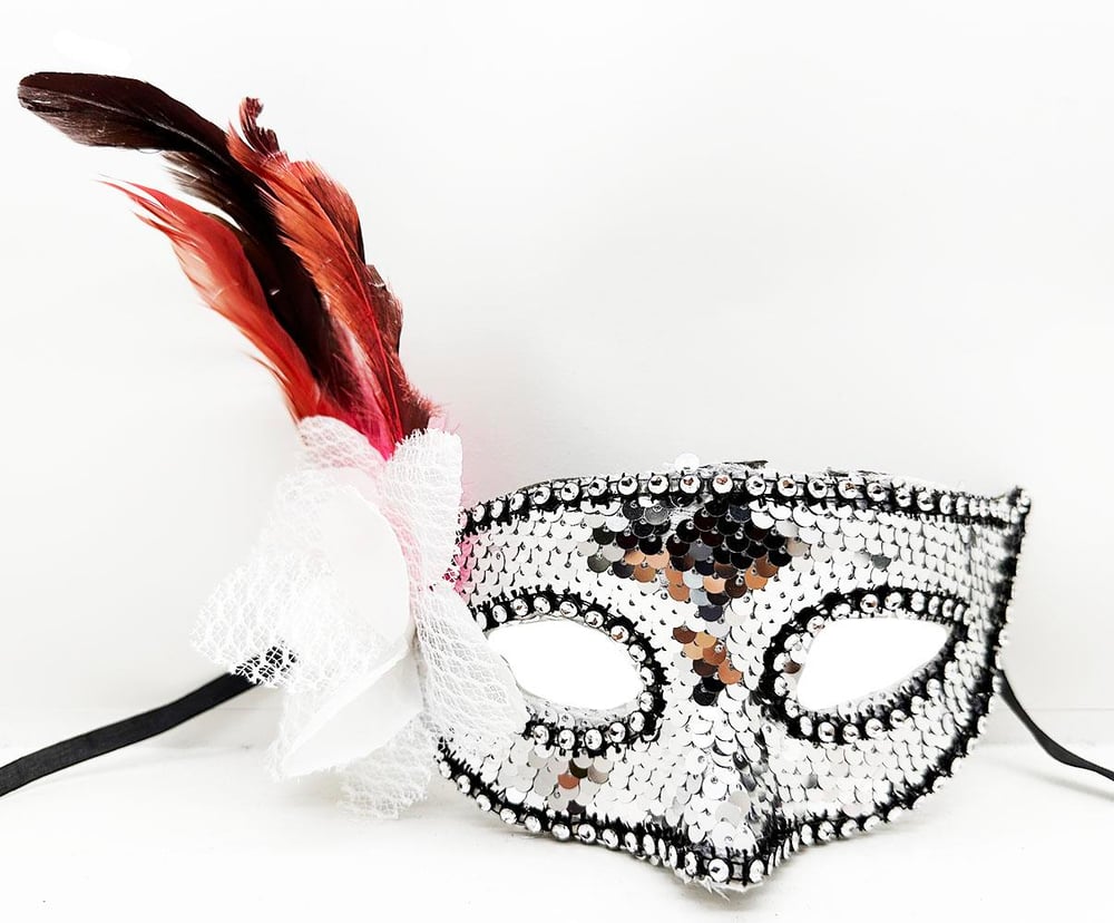 Gümüş Renk Yandan Tüylü Güllü Gümüş Taşlı Pullu Maske 20x22 cm (5293)