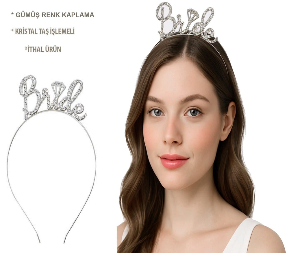 Gümüş Renkli Taşlı “Bride” Gelin Tacı – El Yazısı Yazı Tipiyle (5293)