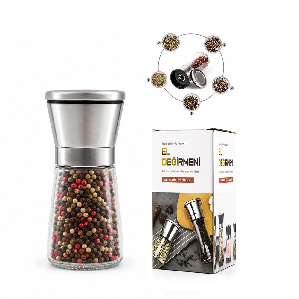 HAND GRINDER KÜÇÜK CAM HAZNELİ - KROM KAPLAMA PLS.KAPAKLI TUZ - BAHARAT ÖĞÜTÜCÜ İ22-411 (5293)