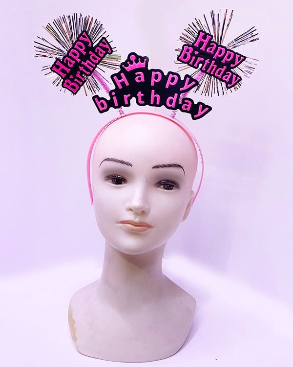 Happy Birthday Püsküllü Neon Pembe Renk Doğum Günü Tacı 22x19 cm (5293)