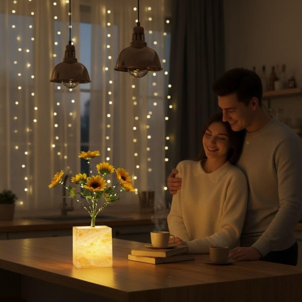 Işıklı Yapay Çiçek – Sarı Saksılı LED Dekoratif Bitki, Masaüstü ve Ev Ofis Aydınlatmalı Süs Bitkisi (5293)