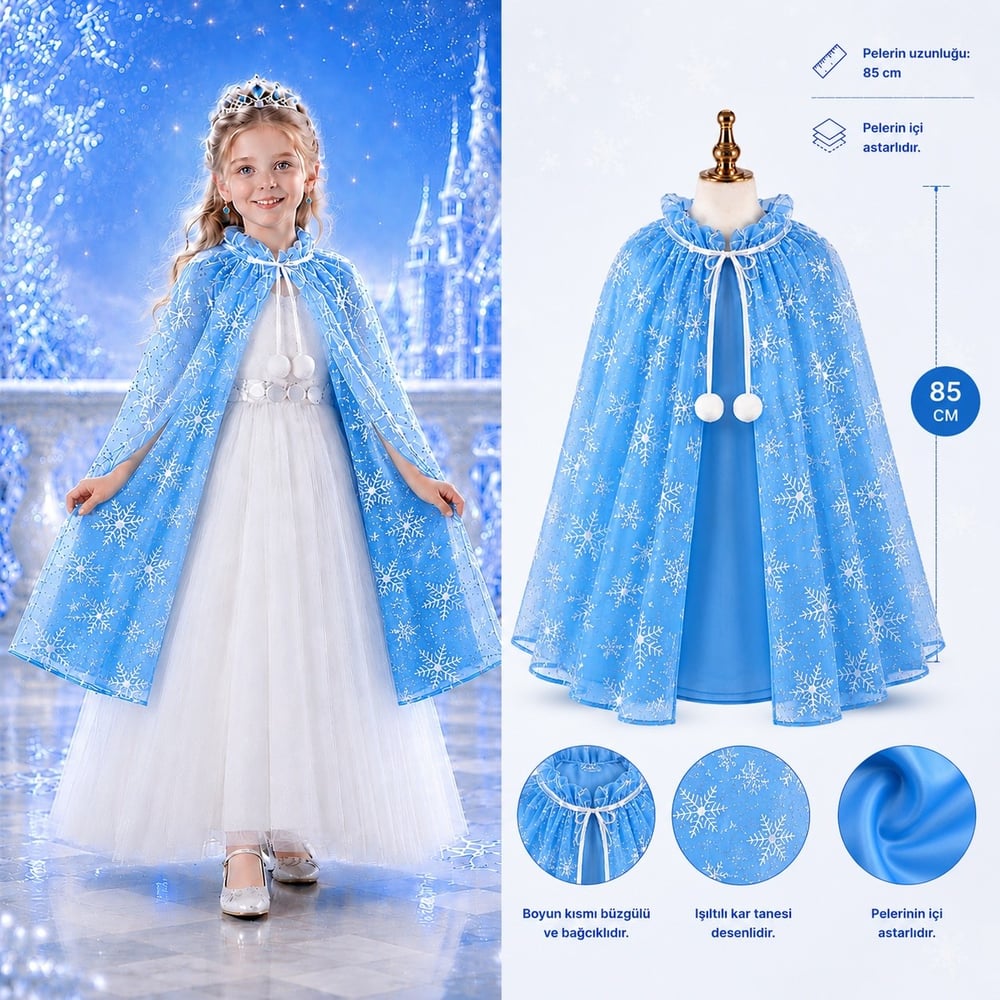 Kar Tanesi Desenli Mavi Elsa Pelerini - Astarlı Frozen Pelerini 85 cm (5293)