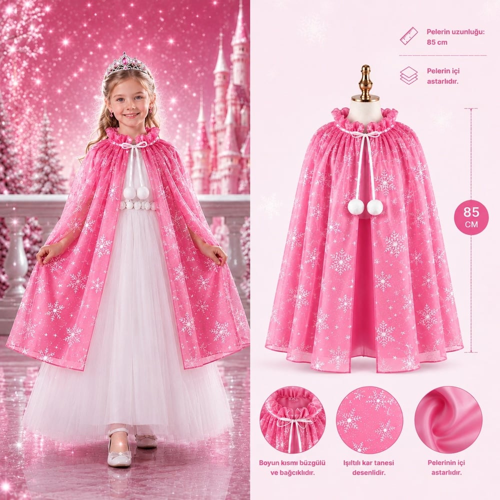 Kar Tanesi Desenli Pembe Elsa Pelerini - Astarlı Frozen Pelerini 85 cm (5293)