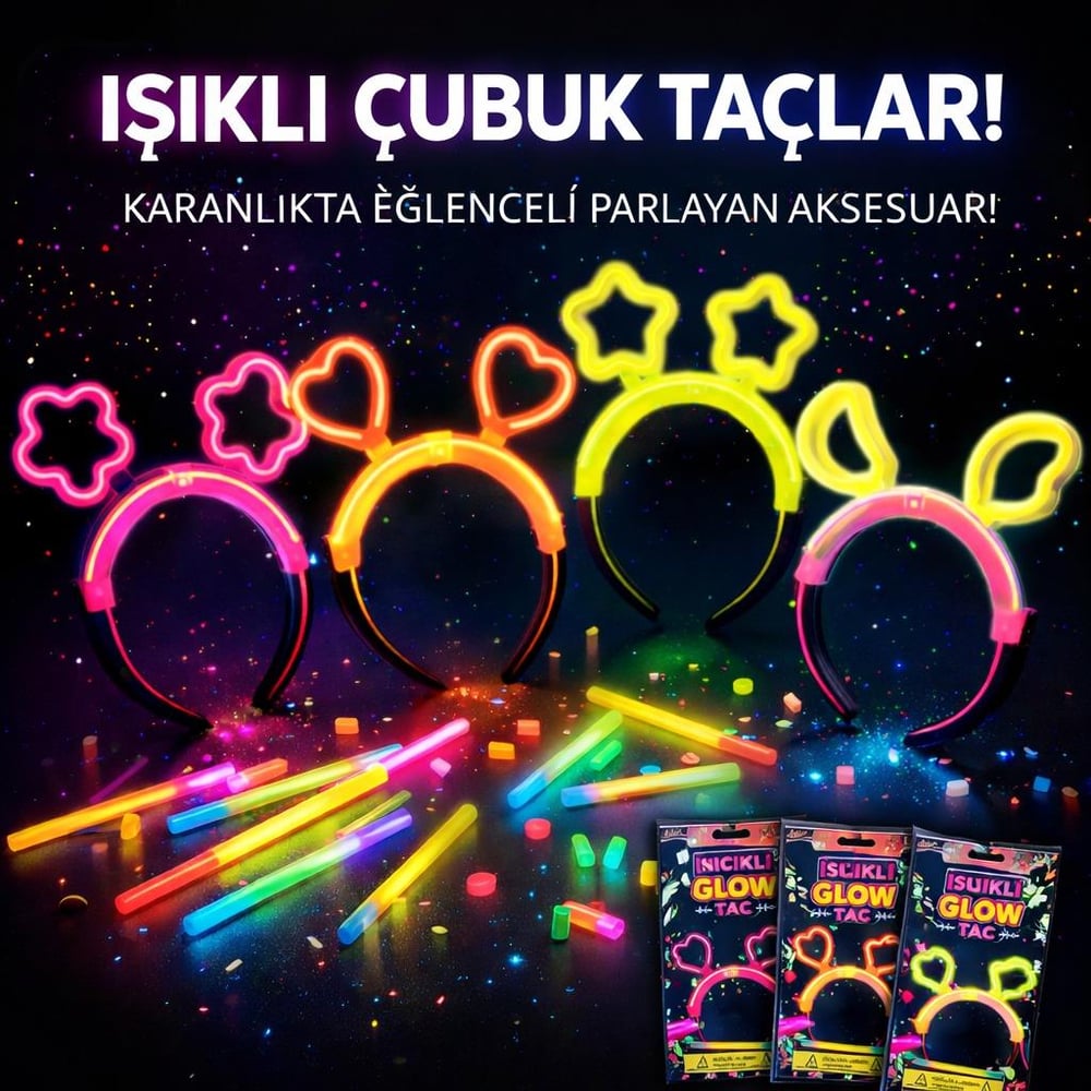 Karanlıkta Parlayan Glow Taç Seti 12 Adet – Yıldız Kalp Ay Çiçek (Her Model 3 Adet) (5293)