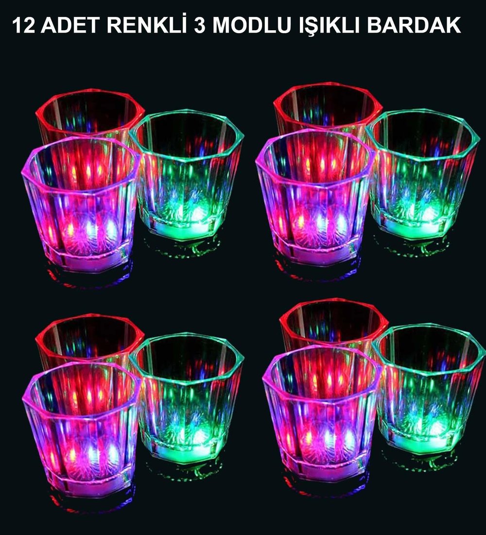 LED Işıklı Eğlence Bardakları - 3 Modlu Renk Değiştiren Bardak 12 Adet (5293)