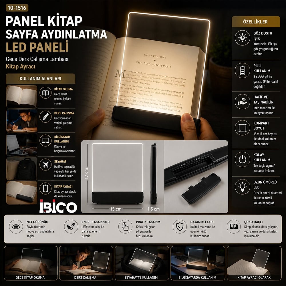 LIGHT PANEL KİTAP SAYFA AYDINLATMA LED PANELİ KİTAP OKUMA PİLLİ 15X17CM İ10-027 (5293)