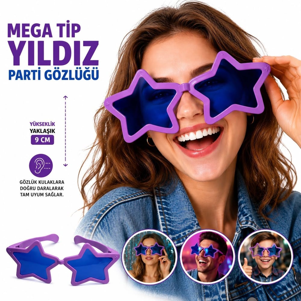 Mega Tip Yıldız Parti Gözlüğü Mor Renk (5293)