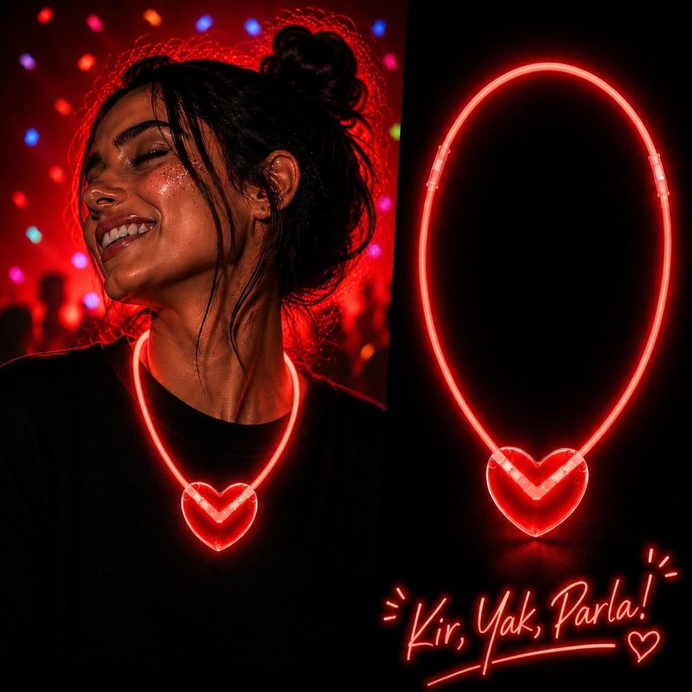 Neon Işıklı Fosforlu Kalp Parti Kolyesi Kırmızı Renk (5293)