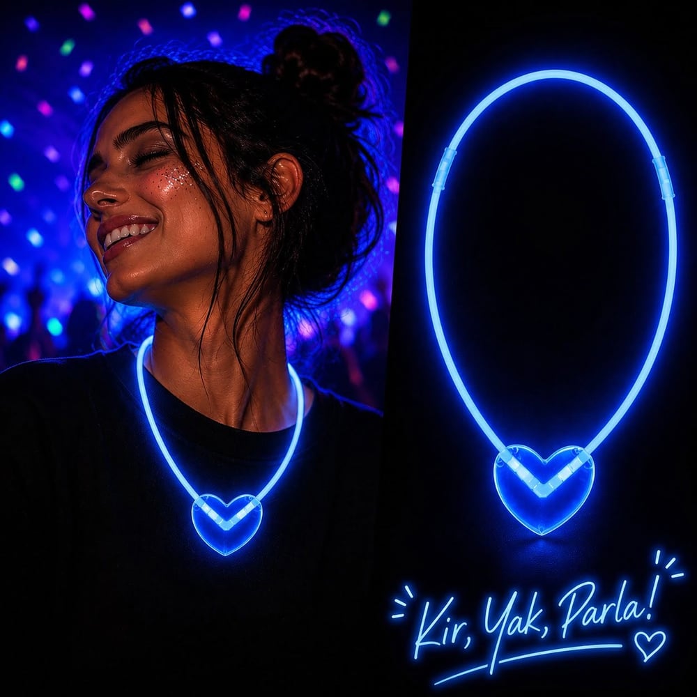 Neon Işıklı Fosforlu Kalp Parti Kolyesi Mavi Renk (5293)