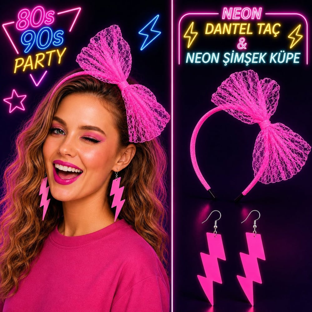 Neon Pembe Dantel Taç ve Şimşek Küpe 80'ler 90'lar Parti Seti (5293)