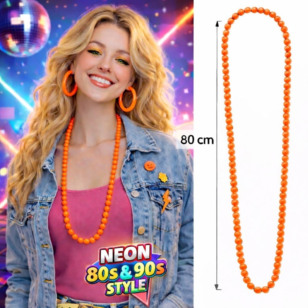 Neon Turuncu Boncuk Kolye 80 cm – Retro 80’ler 90’lar Parti Aksesuarı (5293)