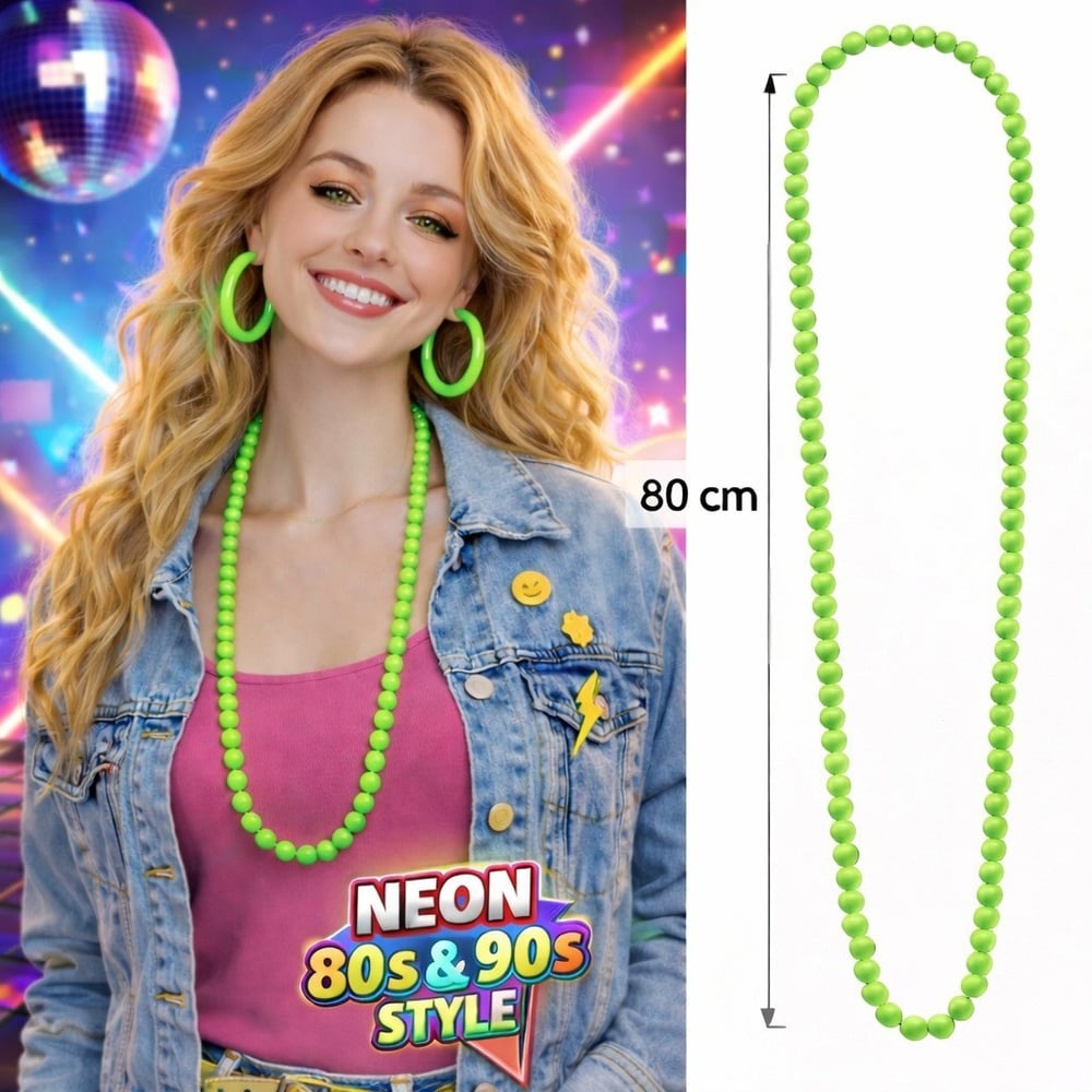 Neon Yeşil Boncuk Kolye 80 cm – Retro 80’ler 90’lar Parti Aksesuarı (5293)