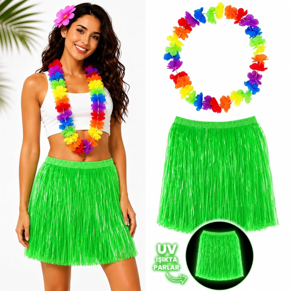 Neon Yeşil Hawaii Etek 40 cm ve Rengarenk Hawaii Kolye (5293)