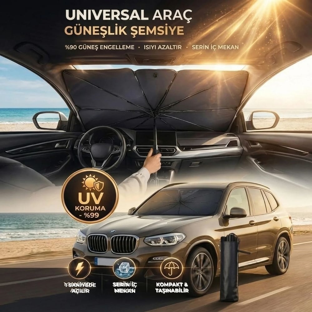 Premium Katlanabilir Araç Ön Cam Güneşliği – Şemsiye Tipi Oto Güneşlik, UV Korumalı Isı Yalıtımlı Ön Cam Gölgelik (5293)