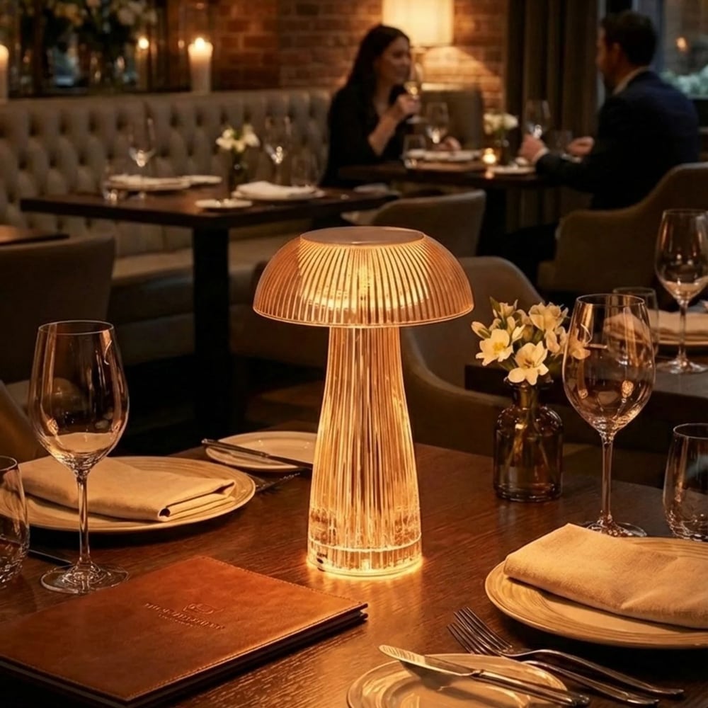 Şeffaf Mantar Model LED Masa Lambası –Kumandalı Şarjlı, Dokunmatik, Rengarek Işık Modlu Dekoratif Gece Lambası (5293)