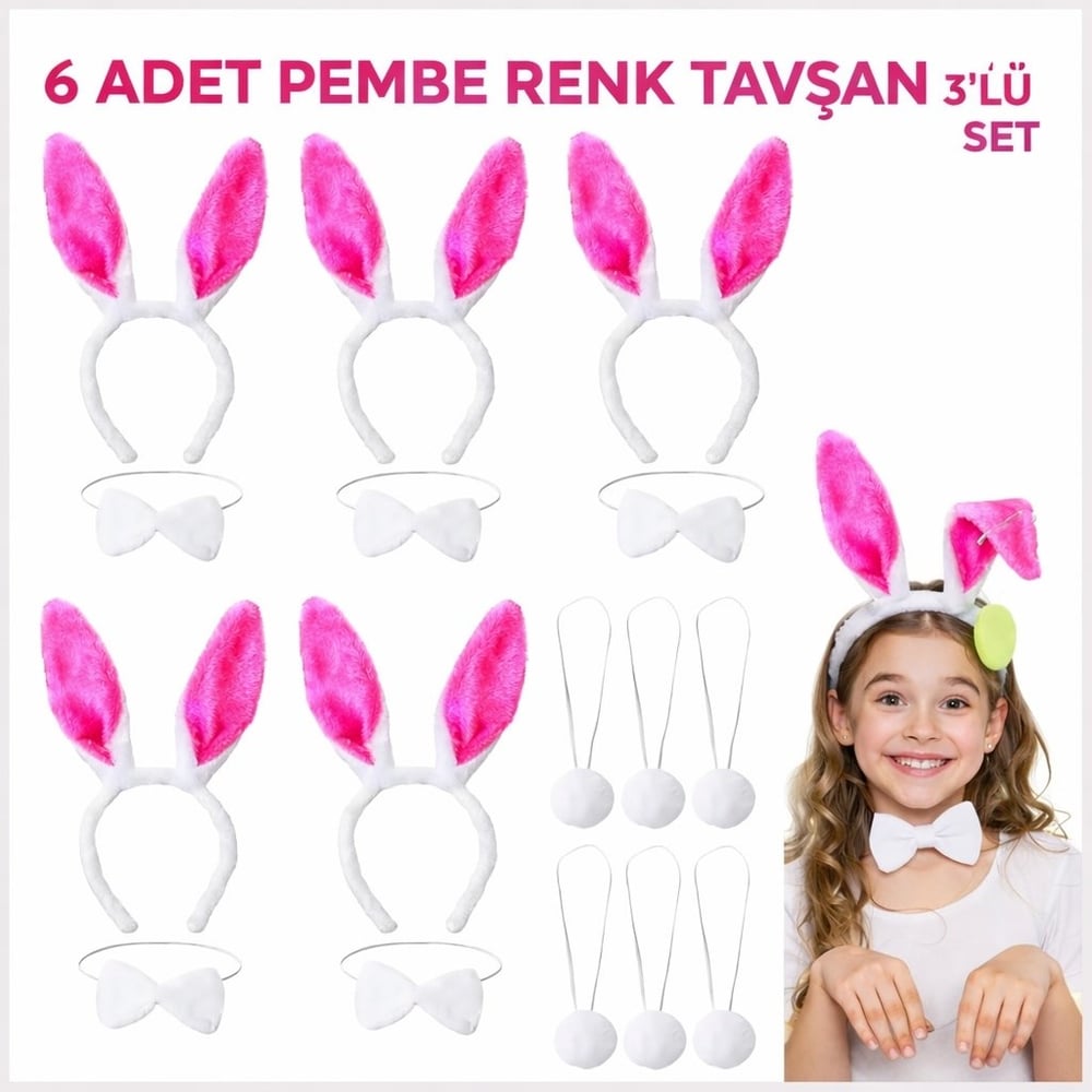Şeker Pembesi Tavşan Sahne Seti 6'lı Set Taç Papyon Kuyruk (5293)