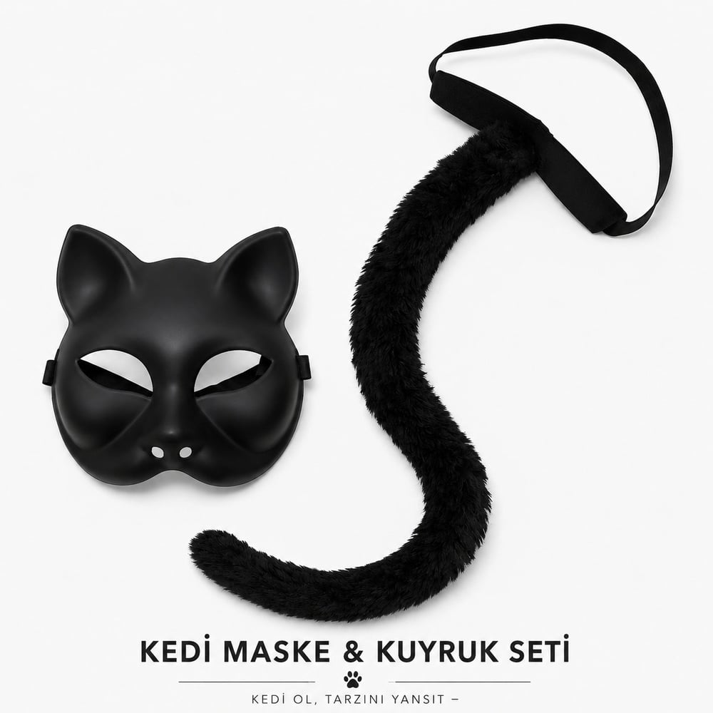 Siyah Kedi Maskesi ve Peluş Kuyruk Kostüm Seti 70 cm (5293)