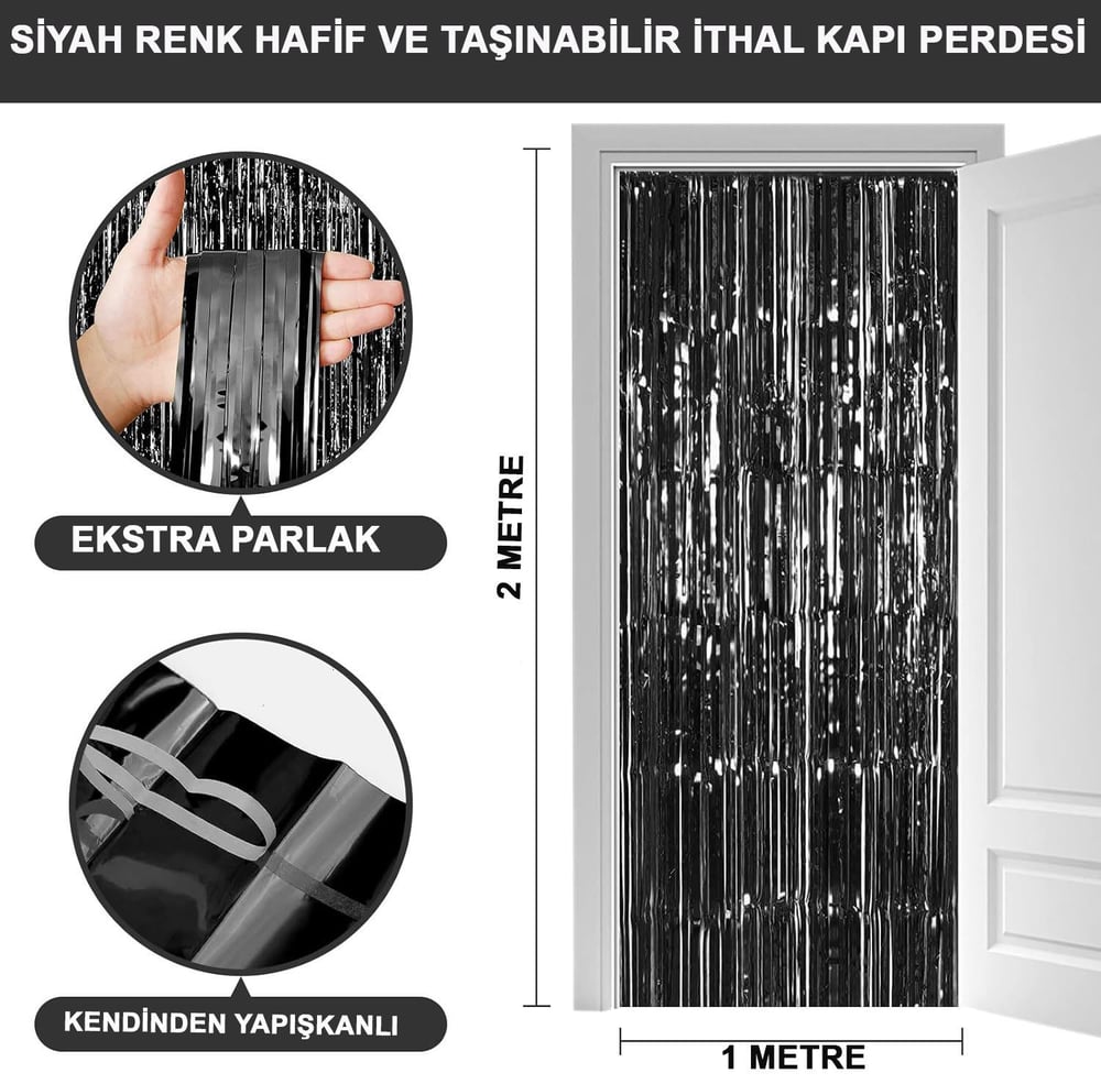 Siyah Renk Ekstra Metalize Parlak Saçaklı Arka Fon Perde İthal A Kalite 1x2 Metre (5293)