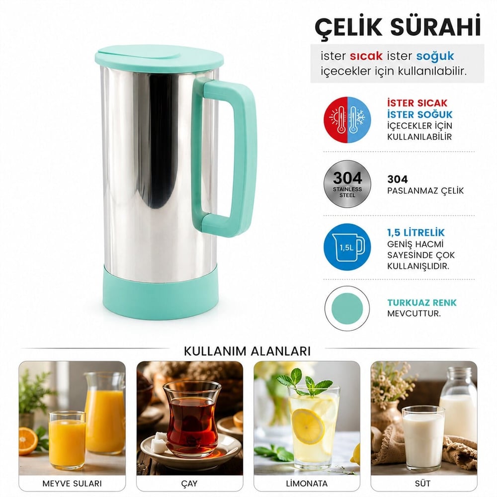 TURKUAZ - PASLANMAZ ÇELİK SICAK - SOĞUK ÇELİK SÜRAHİ (5293)